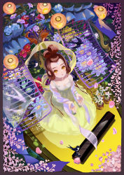Rule 34 | 1girl, animal, bird, black border, border, bracelet, brown eyes, brown hair, collarbone, dress, flower, flower request, forehead jewel, fox, from above, headpiece, jewelry, lantern, litingting915, long hair, looking at viewer, looking up, open hands, original, petals, plant, potted plant, shawl, sitting, solo, topknot, updo, water, wristband, yellow dress