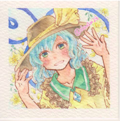 Rule 34 | 1girl, black hat, blouse, blue hair, blush, collarbone, collared shirt, floral background, flower, frilled shirt collar, frilled sleeves, frills, green eyes, hair between eyes, hat, hat ribbon, heart, heart of string, komeiji koishi, looking at viewer, medium hair, open mouth, ribbon, shin1ar24, shirt, solo, touhou, traditional media, upper body, watercolor pencil (medium), yellow flower, yellow ribbon, yellow shirt