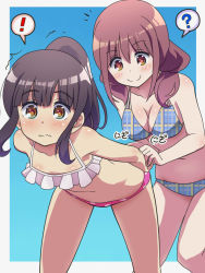 Rule 34 | !, 10s, 2girls, ?, ass, awa, bent over, bikini, black hair, blush, breasts, brown eyes, brown hair, cleavage, cousins, embarrassed, harukana receive, higa kanata, holding hands, leaning forward, medium breasts, multiple girls, navel, oozora haruka (harukana receive), plaid, plaid bikini, polka dot, polka dot bikini, ponytail, small breasts, smile, standing, surprised, swimsuit, thought bubble, wavy mouth