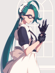 Rule 34 | 1girl, ahoge, apron, creatures (company), dress, frilled apron, frills, game freak, glasses, gloves, green hair, highres, long hair, looking at viewer, maid, maid apron, maid headdress, miri (cherryjelly), nintendo, open mouth, pokemon, pokemon sv, ponytail, red eyes, ribbon, rika (pokemon), solo, white apron