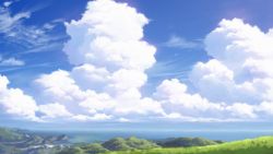Rule 34 | blue sky, blurry, blurry background, cloud, cloudy sky, commentary request, day, grass, highres, hill, horizon, ocean, original, outdoors, scenery, sky, yumiru
