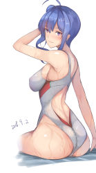 Rule 34 | 1girl, ahoge, ass, azur lane, blue hair, breasts, competition swimsuit, cowboy shot, dated, from behind, hair bun, highres, large breasts, long hair, looking at viewer, one-piece swimsuit, purple eyes, sideboob, simple background, single hair bun, sitting, solo, st. louis (azur lane), swimsuit, wet, white background, white one-piece swimsuit, yusha m