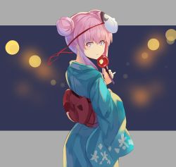 Rule 34 | 1girl, :t, alternate costume, alternate hairstyle, blue background, blue kimono, blush, candy apple, commentary request, cowboy shot, double bun, falken (yutozin), floral print, food, from behind, grey background, hair between eyes, hair bun, hata no kokoro, highres, holding, holding food, japanese clothes, kimono, long sleeves, looking at viewer, looking back, mask, mask on head, obi, one-hour drawing challenge, pink eyes, pink hair, red sash, sash, short hair, sidelocks, solo, standing, touhou, two-tone background, wide sleeves