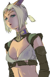 Rule 34 | 1girl, animal ear fluff, animal ears, aqua eyes, blonde hair, breasts, cat ears, cleavage, final fantasy, final fantasy xi, medium breasts, midriff, mithra (ff11), no eyebrows, open mouth, parted bangs, short hair, short twintails, simple background, solo, twintails, upper body, white background, yuccoshi