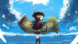 Rule 34 | 10s, 1girl, arm up, brown eyes, brown hair, cloud, dated, day, female focus, fire, grin, japanese clothes, kantai collection, kariginu, lansane, long sleeves, looking at viewer, machinery, matching hair/eyes, onmyouji, outdoors, pointing, pointing up, ryuujou (kancolle), scroll, shikigami, signature, skirt, sky, smile, solo, twintails, visor cap