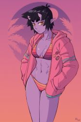 Rule 34 | 1girl, abs, absurdres, ahoge, baggy clothes, bikini, black hair, breasts, buttons, cleavage, colored skin, gradient background, halterneck, highres, hood, hoodie, horns, ittla, jacket, long sleeves, looking at viewer, oni, oni horns, open clothes, open jacket, open mouth, original, pin, pink jacket, pointy ears, purple skin, short hair, signature, simple background, small breasts, solo, standing, string bikini, swimsuit, synthwave, toned, ume (ittla), vaporwave, yellow eyes
