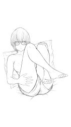 Rule 34 | 1girl, ass, barefoot, breasts, feet, glasses, hand on own knee, hand on own thigh, highres, looking at viewer, mole, monochrome, parted lips, short hair, shorts, toes, topless