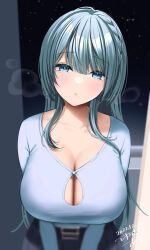 Rule 34 | 1girl, aqua hair, belt, blue eyes, blush, braid, breasts, cleavage, cold, highres, large breasts, long hair, looking at viewer, night, night sky, open mouth, original, sky, solo, star (sky), yuzuri ai