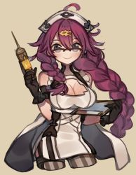 Rule 34 | 1girl, beige background, black gloves, braid, braided ponytail, breasts, chiroru (tyrol009), cleavage, cleavage cutout, clipboard, closed mouth, clothing cutout, dorothy (sinoalice), glasses, gloves, hair between eyes, hair ornament, hairpin, hat, holding, holding clipboard, holding syringe, long hair, looking at viewer, nurse, nurse cap, purple eyes, simple background, sinoalice, sleeveless, solo, syringe