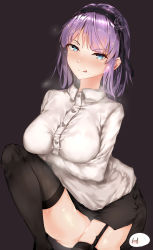 Rule 34 | 10s, 1girl, :q, absurdres, bad id, bad pixiv id, black background, black flower, black ribbon, black rose, black skirt, black thighhighs, blue eyes, blush, breast hold, breasts, buttons, chibi, chibi inset, collared shirt, dagashi kashi, dripping, eyebrows, eyelashes, flower, garter straps, hair flower, hair ornament, hairband, highres, hplay, knee up, large breasts, light smile, long sleeves, looking at viewer, miniskirt, pencil skirt, purple hair, ribbon, rose, shidare hotaru, shirt, short hair, side slit, signature, sitting, skirt, solo, steam, steaming body, sweat, thighhighs, tongue, tongue out, white shirt