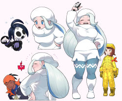 Rule 34 | 2boys, 2girls, ahoge, allister (pokemon), alternate color, arm ribbon, arm up, black hair, black hoodie, blue eyes, blush, boots, breasts, closed eyes, closed mouth, commentary request, creatures (company), dark-skinned male, dark skin, expedition uniform, fang, flat chest, flying sweatdrops, fur hat, game freak, gen 4 pokemon, gloves, gym leader, hand on own hip, hat, helmet, highres, hood, hoodie, jacket, large breasts, long hair, long sleeves, mask, mature female, melony (pokemon), mira (miramita8727), multicolored hair, multiple boys, multiple girls, nintendo, pants, pantyhose, pantyhose under shorts, partially fingerless gloves, plump, pokemon, pokemon (creature), pokemon swsh, raihan (pokemon), red ribbon, ribbon, rotom, rotom phone, scarf, short hair, shorts, single glove, smile, streaked hair, sweater, teeth, white footwear, white headwear, white scarf, white sweater, yellow headwear, yellow jacket, yellow pants