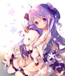 Rule 34 | 1girl, ana (rznuscrf), azur lane, bare shoulders, black bow, blush, bow, character name, detached sleeves, dress, english text, floral background, from side, hair between eyes, head tilt, long hair, looking at viewer, hugging object, parted lips, purple eyes, purple hair, sitting, solo, stuffed unicorn, two side up, unicorn (azur lane), very long hair, wavy hair, white background, white dress, white legwear
