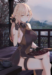 Rule 34 | 1girl, alternate costume, arm strap, bare legs, bare shoulders, black gloves, black ribbon, blonde hair, blush, bow, bowtie, braid, breasts, brown bow, brown dress, china dress, chinese clothes, chinese commentary, commentary request, covered navel, crossed legs, dress, fog, folding fan, girls&#039; frontline, gloves, hair intakes, hair ornament, hair ribbon, hairclip, half gloves, hand fan, highres, holding, holding fan, index finger raised, lake, large breasts, long hair, looking at viewer, mountainous horizon, ots-14 (girls&#039; frontline), overcast, pelvic curtain, ribbon, ru zhai, shadow, side braid, side slit, sideboob, sitting, sky, sleeveless, sleeveless dress, smile, solo, teapot, thigh strap, transmission tower, tray, tree, yellow eyes