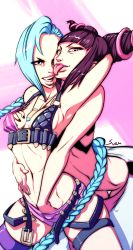 Rule 34 | 2girls, ;p, aqua hair, between breasts, black hair, blue hair, boots, braid, grabbing another&#039;s breast, breasts, bullet, combat boots, crossover, fishnet legwear, fishnets, full body, grabbing, grabbing from behind, gradient background, han juri, hand in pants, hand under clothes, highres, jewelry, jinx (league of legends), league of legends, lips, long hair, looking at viewer, multiple girls, naughty face, necklace, one eye closed, purple eyes, purple legwear, short shorts, short twintails, shorts, single thighhigh, standing, street fighter, street fighter iv (series), striped, striped background, sven (svenners), thighhighs, toeless legwear, tongue, tongue out, twintails, very long hair, yuri