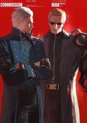 Rule 34 | 2boys, albert wesker, black gloves, blonde hair, blue coat, blue eyes, closed mouth, coat, crossover, devil may cry (series), devil may cry 5, fanduolaishi123, gloves, hair slicked back, highres, lips, male focus, mature male, multiple boys, muscular, muscular male, nose, pants, realistic, resident evil, shirt, smile, sunglasses, vergil (devil may cry), white hair