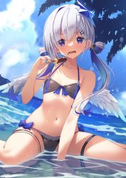 Rule 34 | 1girl, amane kanata, amane kanata (work), amanuki-san, angel, angel wings, bare shoulders, bikini, blue hair, chocolate banana, collarbone, colored inner hair, flat chest, food, food on face, grey hair, hair ornament, hair rings, hairclip, hololive, long hair, multicolored hair, navel, open mouth, partially submerged, purple eyes, solo, stomach, swimsuit, thigh strap, twintails, virtual youtuber, water, wings