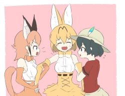 Rule 34 | 10s, 3girls, animal ears, arm grab, black hair, caracal (kemono friends), false smile, flat color, hat feather, helmet, highres, kaban (kemono friends), kemono friends, multiple girls, nervous smile, outside border, pink background, pith helmet, print neckwear, purple eyes, red shirt, scorpion (js60216), serval (kemono friends), serval print, serval tail, shirt, shirt tucked in, short hair, shorts, simple background, smile, tail, wavy mouth, yuri