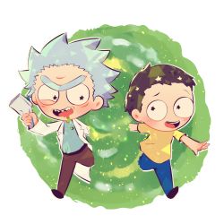 Rule 34 | 2boys, brown hair, chibi, coat, grandfather and grandson, lab coat, messy hair, morty smith, multiple boys, portal (object), rick and morty, rick sanchez, shirt, short hair, spiked hair, unibrow, user krry3534, white coat, white hair, yellow shirt