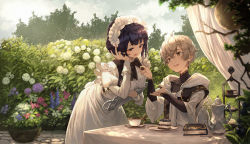 Rule 34 | 1boy, 1girl, ahoge, black bow, black neckwear, black shirt, blueberry, blush, book, bow, bowtie, braid, breasts, brown eyes, cake, cloud, cloudy sky, collarbone, commentary, cowboy shot, crossed bangs, cup, dappled sunlight, day, dress, feeding, flower, food, fork, frills, fruit, gold trim, grey hair, hair between eyes, hand in own hair, hand up, highres, holding, holding fork, holding tray, jug (bottle), leaning forward, long sleeves, looking at another, maid, maid headdress, medium breasts, mito itsuki, open mouth, original, outdoors, plant, potted plant, purple eyes, purple hair, robe, saucer, shirt, short hair, sitting, sky, standing, sunlight, table, teacup, tray, tree, upper body, white dress, white robe