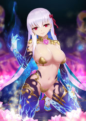 Rule 34 | 1girl, absurdres, armlet, blue fire, blue gloves, blue hair, blue thighhighs, blurry, bow, breasts, cleavage, collar, depth of field, earrings, elbow gloves, fate/grand order, fate (series), fei er, fire, flower, full body, gloves, hair bow, hand on own thigh, head tilt, high heels, highres, jewelry, kama (fate), kama (third ascension) (fate), kneeling, large breasts, long hair, looking at viewer, navel, parted lips, pasties, pink bow, pink flower, pink lips, red eyes, ring, shoulder pads, silver hair, smile, solo, stomach, thighhighs, thighlet, topless, very long hair