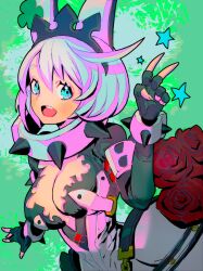 Rule 34 | 1girl, absurdres, ahoge, aqua eyes, bracelet, breasts, clover, collar, dress, elphelt valentine, flower, four-leaf clover, guilty gear, guilty gear xrd, hairband, highres, huge ahoge, jewelry, large breasts, looking at viewer, medium hair, open mouth, red flower, red rose, rose, spiked bracelet, spiked collar, spiked hairband, spikes, v, white dress, white hair, yohane shimizu