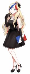 Rule 34 | 10s, 1girl, bad id, bad twitter id, bag, belt, black belt, black dress, black footwear, blonde hair, blue eyes, blue hair, blush, commandant teste (kancolle), dress, earrings, elbow gloves, french flag, full body, gloves, high heels, highres, holding, holding bag, jewelry, kantai collection, long hair, looking at viewer, morinaga miki, multicolored hair, necklace, pearl earrings, pearl necklace, ponytail, red hair, removing eyewear, shoes, simple background, sleeveless, sleeveless dress, smile, solo, white background, white hair