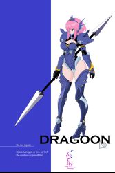 Rule 34 | 1girl, armor, armored leotard, artist name, blue background, breasts, cleavage, clothing cutout, dragoon (final fantasy), english text, final fantasy, final fantasy v, full body, gauntlets, hairband, helmet, high heels, highres, holding, holding polearm, holding weapon, large breasts, lenna charlotte tycoon, leotard, pink hair, polearm, sakuraidai, shoulder armor, sidelocks, solo, spear, thighs, weapon, white background