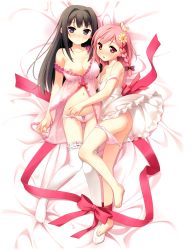 Rule 34 | 2girls, absurdres, ass, ayase sayuki, babydoll, bare shoulders, barefoot, bed sheet, black hair, blue eyes, blush, bow, bow panties, braid, breasts, clothes lift, dress, dress lift, feet, flower, hair bow, hair flower, hair intakes, hair ornament, hand in panties, hand on another&#039;s head, highres, kantoku, lingerie, long hair, lying, medium breasts, multiple girls, navel, nipple slip, nipples, no bra, no shoes, on back, on side, open mouth, panties, panty pull, parted lips, pink eyes, pink hair, pink panties, pink theme, ribbon, scan, short hair, side braid, small breasts, strap slip, thighhighs, thighs, tongue, underwear, white dress, white legwear, your diary, yua (your diary), yuri
