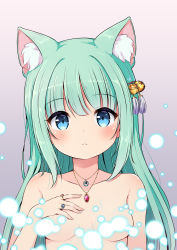 Rule 34 | 1girl, :&lt;, animal ear fluff, animal ears, bell, blue eyes, blush, breasts, brown background, cat ears, closed mouth, collarbone, gradient background, green hair, grey background, hair bell, hair between eyes, hair ornament, hand up, highres, jewelry, jingle bell, light censor, long hair, looking at viewer, nail polish, nekono rin, original, pendant, pink nails, ring, small breasts, solo, upper body