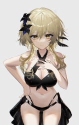 Rule 34 | 1girl, bare arms, bare shoulders, bikini, black bikini, black flower, blonde hair, breasts, cleavage, cleavage cutout, closed mouth, clothing cutout, collarbone, cowboy shot, feather hair ornament, feathers, flower, genshin impact, hair flower, hair ornament, hand on own chest, highres, large breasts, leaning forward, looking at viewer, lumine (genshin impact), raiya atelier, short hair with long locks, sidelocks, simple background, smile, solo, swimsuit, waist cape, white background, yellow eyes