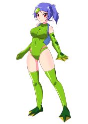 Rule 34 | 10s, 1girl, absurdres, artist request, blue hair, breasts, cosplay, curvy, elbow gloves, female focus, garada k7, gloves, green gloves, highleg, highleg leotard, highres, kappa, kappa (cosplay), leotard, long hair, looking at viewer, official alternate costume, ponytail, red eyes, robot girls z, shell, side ponytail, simple background, smile, solo, standing