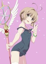 Rule 34 | 1girl, ahoge, antenna hair, blue one-piece swimsuit, blush, brown hair, cardcaptor sakura, covered navel, green eyes, hair intakes, highres, kinomoto sakura, looking at viewer, off shoulder, one-piece swimsuit, open mouth, school swimsuit, shiny skin, short hair, simple background, smile, solo, standing, strap pull, swimsuit, thighhighs, watanabe akio, white thighhighs, yume no tsue
