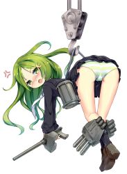Rule 34 | 10s, 1girl, anger vein, ass, black legwear, blush, blvefo9, crescent, crescent hair ornament, green eyes, green hair, hair ornament, hanging, highres, kantai collection, long hair, looking at viewer, looking back, matching hair/eyes, nagatsuki (kancolle), open mouth, panties, pantyshot, personification, school uniform, serafuku, shiny skin, simple background, skirt, solo, striped clothes, striped panties, thigh gap, underwear, upskirt, white background