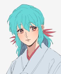 Rule 34 | 1girl, aqua hair, bow, chidentsurusai, close-up, commentary, cropped torso, hair between eyes, hair bow, japanese clothes, kimono, looking to the side, parted lips, pink bow, pink eyes, ponytail, sidelocks, simple background, solo, upper body, white background, white kimono, yukina (yu yu hakusho), yuu yuu hakusho