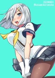 Rule 34 | 1girl, aqua background, bad id, bad pixiv id, blue eyes, blue sailor collar, breasts, brown pantyhose, cowboy shot, dated, eyes visible through hair, gloves, grey skirt, hair ornament, hair over one eye, hairclip, hamakaze (kancolle), highres, kantai collection, kotonoha kasumi, large breasts, looking at viewer, neckerchief, pantyhose, pleated skirt, sailor collar, school uniform, serafuku, short hair, short sleeves, silver hair, simple background, skirt, solo, twitter username, white gloves, yellow neckerchief