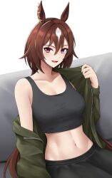Rule 34 | 1girl, :d, animal ears, black tank top, breasts, brown hair, cleavage, commentary request, crop top, ear ornament, green jacket, highres, horse ears, jacket, jakqbigone, long hair, long sleeves, looking at viewer, medium breasts, midriff, navel, off shoulder, open mouth, red eyes, single bare shoulder, sirius symboli (umamusume), sitting, smile, solo, stomach, tank top, umamusume, very long hair