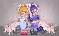 2girls absurdres armpits arms_up asahina_mirai barefoot black_footwear blonde_hair blue_shorts blunt_bangs blush bound bound_toes bound_wrists bow breasts clenched_hands commentary crying disembodied_hand dot_nose dress empty_room feet floral_print floral_print_dress folded_braid frilled_shirt frills full_body grabber_tool hair_bow hair_ornament high_ponytail highres indoors izayoi_liko laughing long_hair long_sleeves looking_down mahou_girls_precure! mary_janes medium_hair midriff multiple_girls navel neck_ribbon one_side_up open_mouth pinafore_dress pink_bow pink_eyes pink_footwear pink_ribbon pink_shirt plaid_clothes plaid_sleeves pom_pom_(clothes) pom_pom_hair_ornament ponytail precure puffy_short_sleeves puffy_sleeves purple_eyes purple_hair purple_shirt purple_socks ribbon shirt shoes short_sleeves shorts side-by-side sitting sleeveless sleeveless_dress sleeves_past_elbows small_breasts socks soles streaming_tears tears tickle_torture tickling tickling_armpits tickling_feet tickling_stomach tk_(t-k) toes torn_clothes torn_dress torn_shirt torn_sleeves unworn_shoes unworn_socks waist_bow white_socks