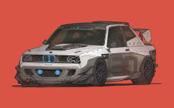 Rule 34 | absurdres, bmw, bmw 3 series, bmw e30, bmw m3, car, danny gardner, highres, motor vehicle, no humans, original, rear-view mirror, red background, shadow, solo, spoiler (automobile), vehicle focus, wheel