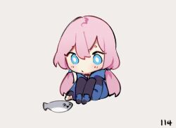 Rule 34 | 1girl, arknights, blue eyes, blue jacket, blue poison (arknights), blush, chibi, fish, hood, hooded jacket, jacket, knees up, long hair, long sleeves, low twintails, pink hair, reaching, ruri (dailybloopy), sacabambaspis, simple background, sitting, solo, twintails, white background