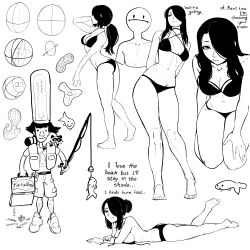 Rule 34 | 1girl, 2boys, :|, absurdres, arms behind back, arrow (projectile), ass, bare arms, bare back, bare hips, bare legs, bare shoulders, barefoot, bikini, black bikini, black choker, black eyes, black hair, black nails, breasts, butt crack, choker, closed mouth, collarbone, doodles, english text, eyelashes, feet, fingernails, fish, fishing rod, from above, from below, from side, full body, groin, hand up, highres, holding, holding fishing rod, kneeling, knees, large breasts, leg up, legs, legs together, light smile, lineart, long hair, looking at viewer, looking down, looking up, lying, multiple boys, nail polish, navel, nila (telepurte), on stomach, original, pectorals, polo shirt, ponytail, raccoon, shapes, shoes, side-tie bikini bottom, sidelocks, smirk, soles, solo focus, standing, string bikini, swept bangs, swimsuit, tackle box, telepurte, thighs, toes, untied bikini, white footwear