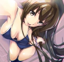 Rule 34 | 10s, 1girl, armadillo-tokage, bad id, bad twitter id, bare shoulders, bikini pull, breasts, breasts apart, brown eyes, brown hair, chromatic aberration, clothes pull, competition school swimsuit, downblouse, from above, highres, kantai collection, long hair, looking at viewer, one-piece swimsuit, reaching, reaching towards viewer, school swimsuit, selfie, solo, swimsuit, tongue, tongue out, very long hair, yamato (kancolle)