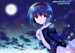 Rule 34 | 1girl, 2019, black jacket, blue hair, casual, character name, closed mouth, cloud, commentary request, dated, from side, full body, hair between eyes, hairband, happy birthday, jacket, kurumi rumi, little busters!, long sleeves, looking at viewer, moonlight, night, night sky, nishizono mio, open clothes, open jacket, orange eyes, outdoors, red hairband, shirt, short hair, sidelighting, signature, sky, smile, solo, tareme, upper body, water drop, white shirt