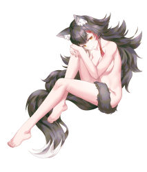 Rule 34 | 1girl, aesice, animal ears, barefoot, completely nude, convenient censoring, highres, hololive, hugging own legs, long hair, looking at viewer, multicolored hair, nude, ookami mio, pinup (style), tail, toes, very long hair, virtual youtuber, wolf ears, wolf girl, wolf tail, yellow eyes