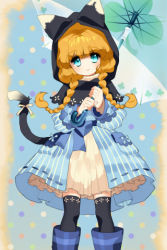 Rule 34 | 1girl, animal ears, animal hood, black thighhighs, blonde hair, blue eyes, boots, bow, braid, cat ears, cat hood, cat tail, cherrypin, clover, holding, hood, jacket, lowres, pleated skirt, polka dot, ribbon, shawl, skirt, smile, solo, striped, sword girls, tail, thighhighs, twin braids, umbrella