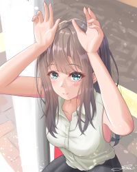 Rule 34 | 1girl, aqua eyes, arms up, bare arms, bare shoulders, black skirt, blush, breasts, brown hair, buttons, closed mouth, collarbone, collared shirt, commentary request, dress shirt, from above, highres, long hair, looking at viewer, medium breasts, original, outdoors, sena (illust sena), shirt, signature, skirt, sleeveless, sleeveless shirt, smile, solo, white shirt