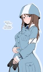 Rule 34 | 10s, 1girl, absurdres, armband, beanie, belt, binoculars, blue background, blue coat, breasts, brown eyes, brown hair, buttons, coat, collar, commentary request, cuff links, girls und panzer, hat, highres, looking at viewer, lotta svaerd: women of war, mika (girls und panzer), pocket, shichisaburo, simple background, smile, solo, swastika, white collar