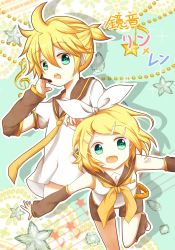 Rule 34 | 1boy, 1girl, arm warmers, beads, blonde hair, bow, brother and sister, character name, green eyes, hair bow, hair ornament, hairclip, headset, kagamine len, kagamine rin, looking at viewer, musical note, open mouth, outline, quaver, school uniform, serafuku, shorts, siblings, staff (music), star (symbol), translated, treble clef, twins, upper body, vocaloid, zarathurtra