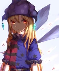 Rule 34 | 1girl, belt, black belt, black shirt, black sleeves, blonde hair, blood, blue background, blue shirt, blue sleeves, clownpiece, hair between eyes, hat, highres, jester cap, light, long hair, looking away, mozuno (mozya 7), multicolored clothes, multicolored shirt, open mouth, polka dot, puffy short sleeves, puffy sleeves, purple hat, red eyes, red shirt, red sleeves, shadow, shirt, short sleeves, simple background, solo, touhou