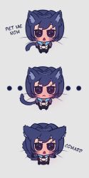 Rule 34 | ..., 1girl, 3koma, :&lt;, @ @, absurdres, animal ears, black skirt, blue bow, blue bowtie, blue hair, blush stickers, bow, bowtie, cat ears, cat tail, chain, chibi, closed mouth, comic, highres, hololive, hololive english, kemonomimi mode, loen, looking at viewer, open mouth, ouro kronii, skirt, smol kronii, tail, triangle mouth, virtual youtuber, whiskers