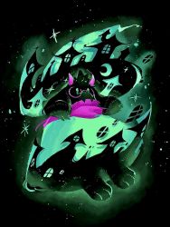 Rule 34 | 1boy, black background, building, deltarune, full body, furry, g c hori, glasses, green eyes, green robe, hat, highres, horns, pink horns, pink scarf, ralsei, robe, scarf, solo, standing, window, wizard hat
